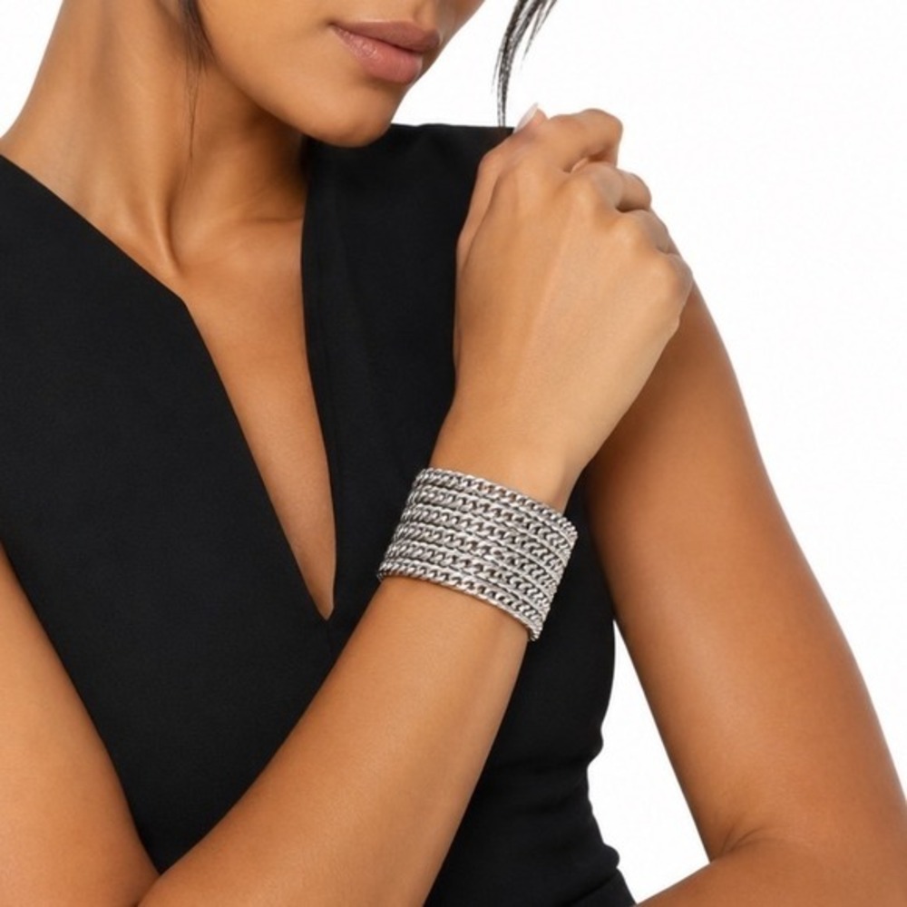 Silver Tone Wide Multi Row Curb Chain Link Hinged Cuff Bangle Bracelet J-01